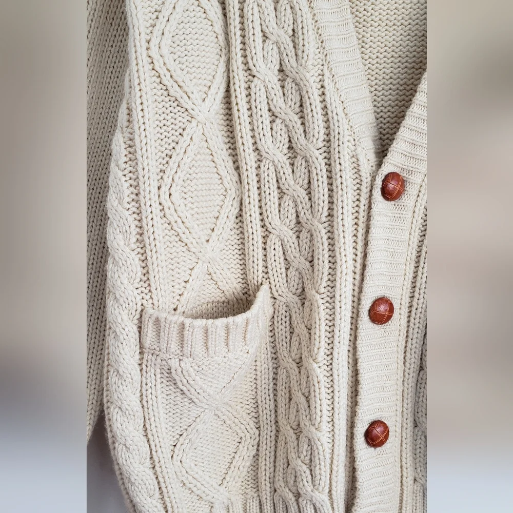 Oakton Limited 90s Chunky Cable Knit Cable Cardigan Sweater Beige Sz M Grandpa